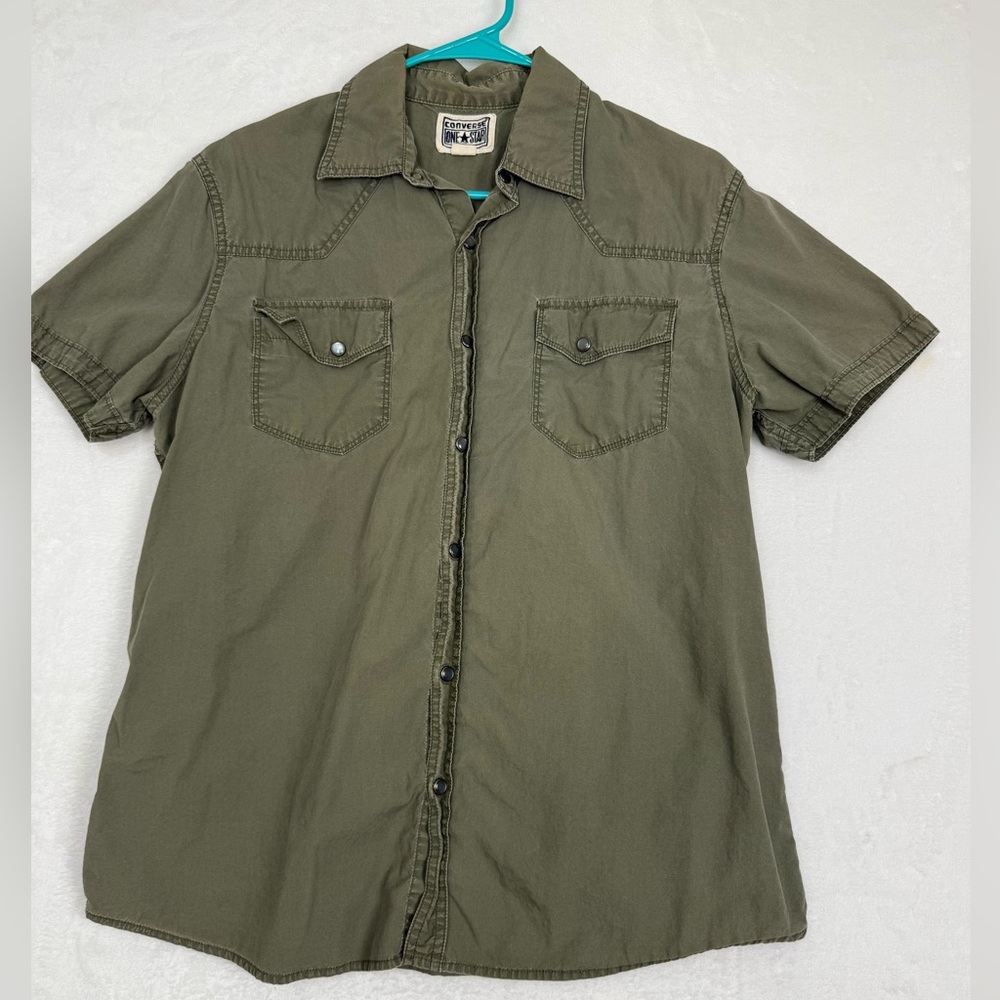 Converse One Star Olive Green Snap Button Shirt Men’s Sz M Western Utility Style